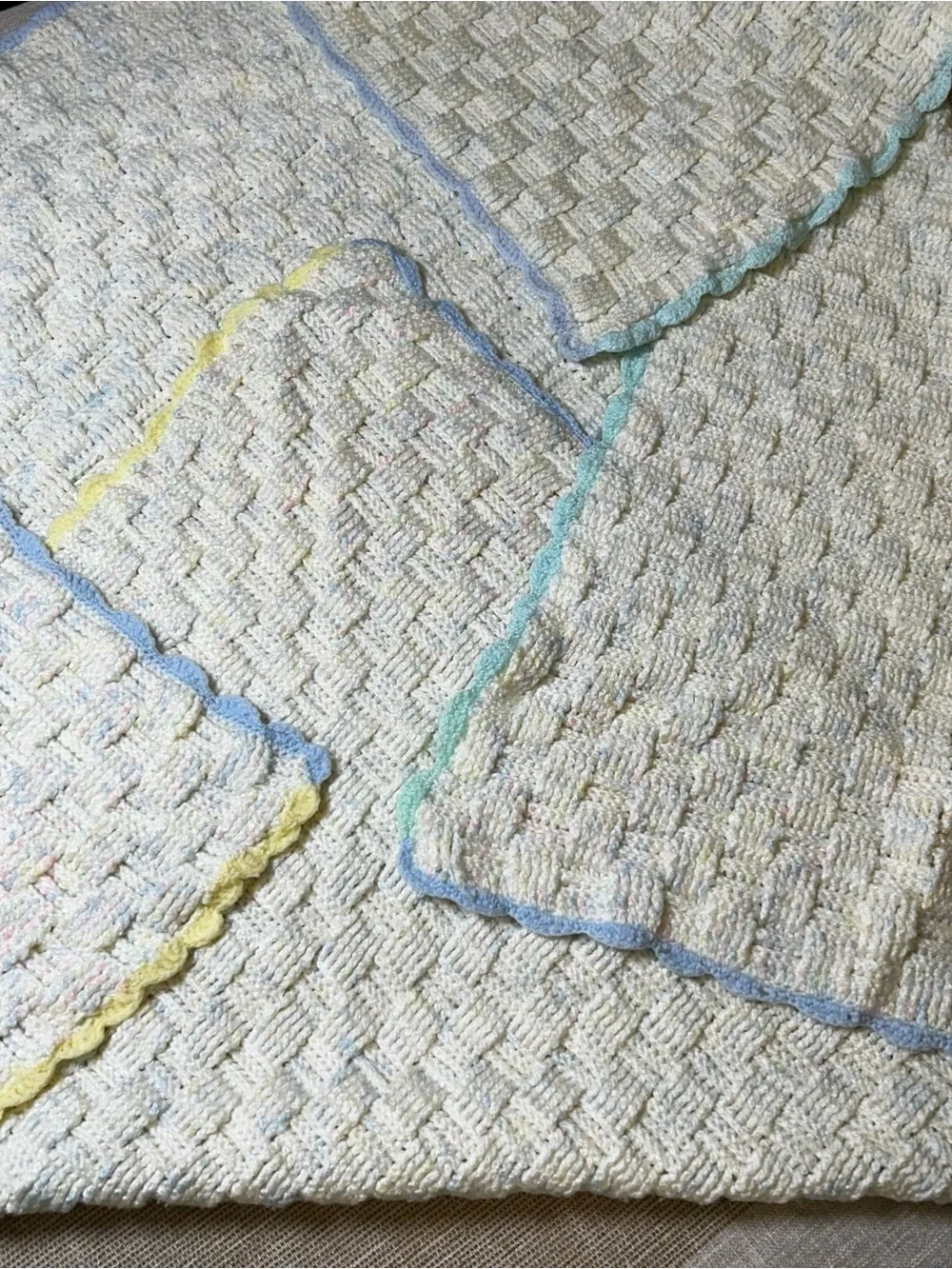 Vintage 1996 Hand Crocheted Baby Blanket Heirloom Pastel Basketweave Afghan prop